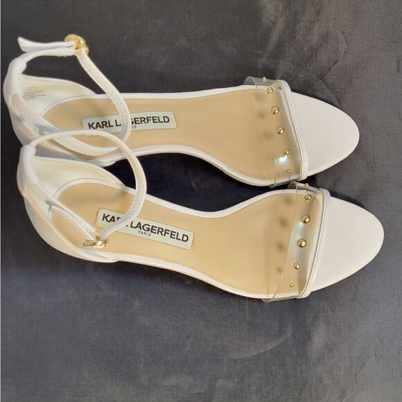 KARL LAGERFELD DIXIE CLEAR LUCITE LOW HEEL ADJUSTABLE BUCKLE&ANKLE SANDAL - Picture 4 of 14